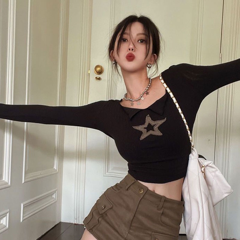 Áo croptop XINLANYASHE dệt kim tay dài thời trang cho nữ