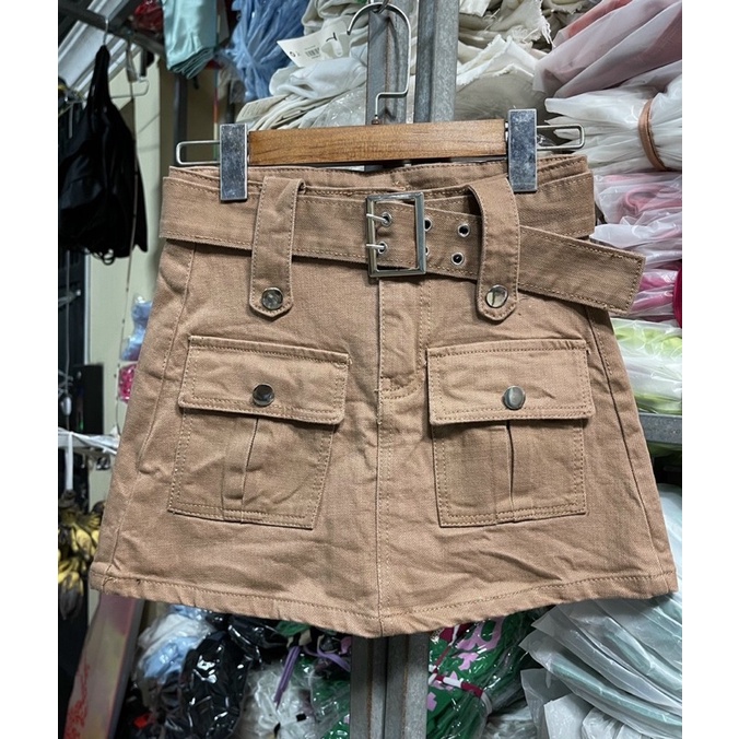 Chân váy jean kaki co dãn túi hộp hai bên, Chân Váy Ngắn Túi Hộp Chất Kaki Mềm kèm đai nịt 💋💋U9888