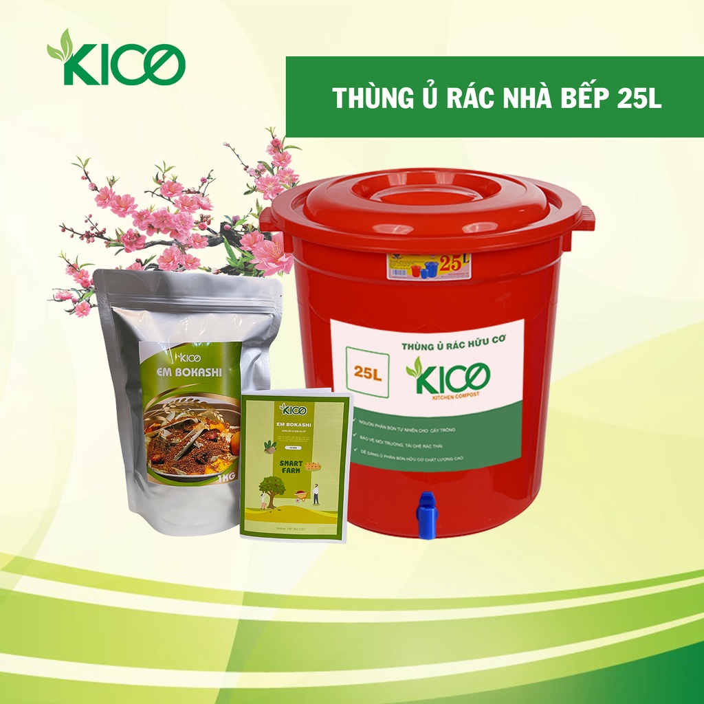 Thùng ủ rác hữu cơ nhà bếp Kico loại 25L (Kèm 1Kg EM Bokashi Ủ Rác)