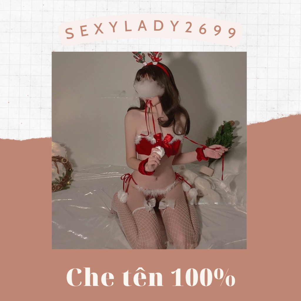 Set đồ lót, nội y, đồ ngủ, bikini noel giáng sinh đỏ nhung sexy gợi cảm tặng cài tóc