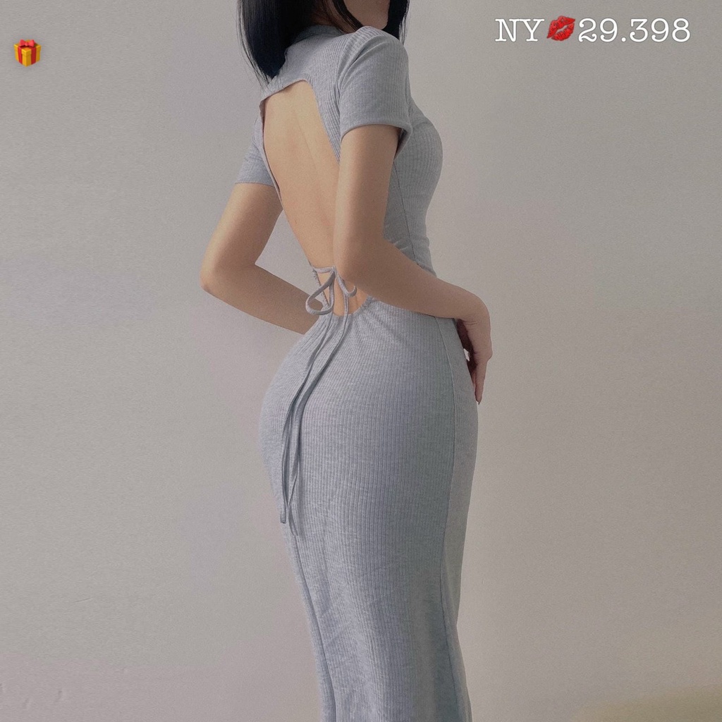 Đầm hở lưng cột dây tay ngắn dáng dài duôi cá ôm body cực xinh , chất thun gân mềm mịn