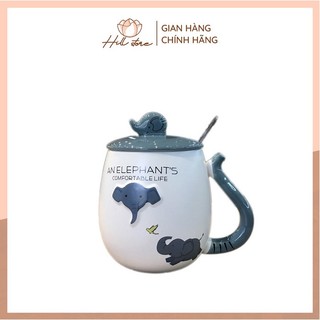 Cốc sứ văn phòng giữ nhiệt nóng lạnh 400ml, ly sứ uống nước hình con voi ngộ nghĩnh có nắp đậy bằng sứ kèm muỗng + Hill
