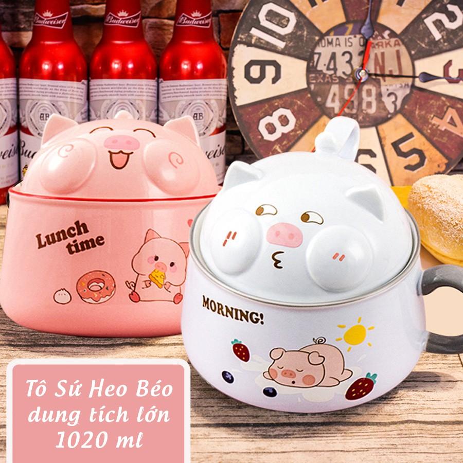Bát Tô Sứ Cỡ Lớn Có Nắp Hình Con Heo Béo 1020ml - Tô Ăn Mỳ, Phở, Cơm Văn Phòng Sinh Viên