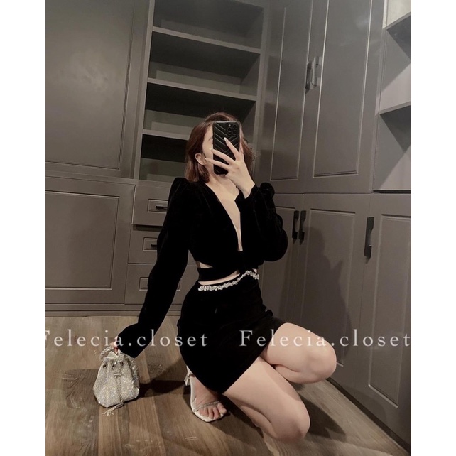 SET VÁY NHUNG ĐÍNH ĐÁ SANG CHẢNH FULL 2 MÀU ĐỎ-ĐEN