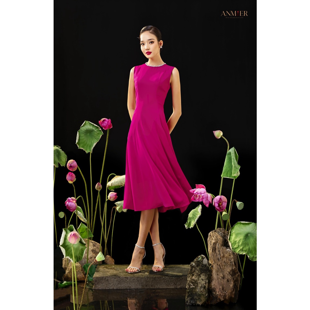 Daisy Dress 1 - Đầm dự tiệc hồng cánh sen, đính kết đá quanh cổ - Hàng thiết kế cao cấp của Anmier