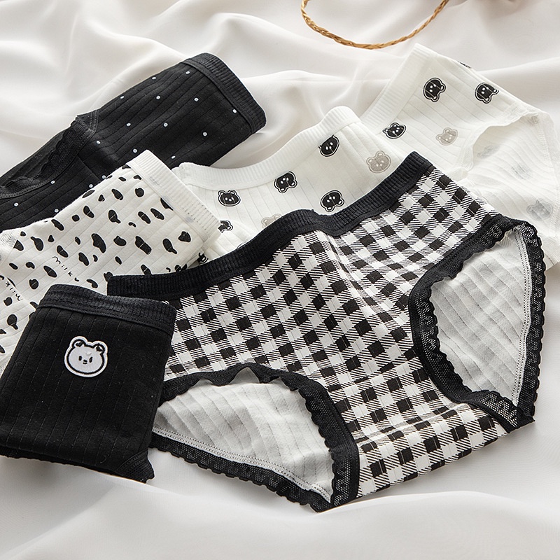 Quần lót thun nữ cotton màu trắng đen đơn giản - Q39 Gấu đen