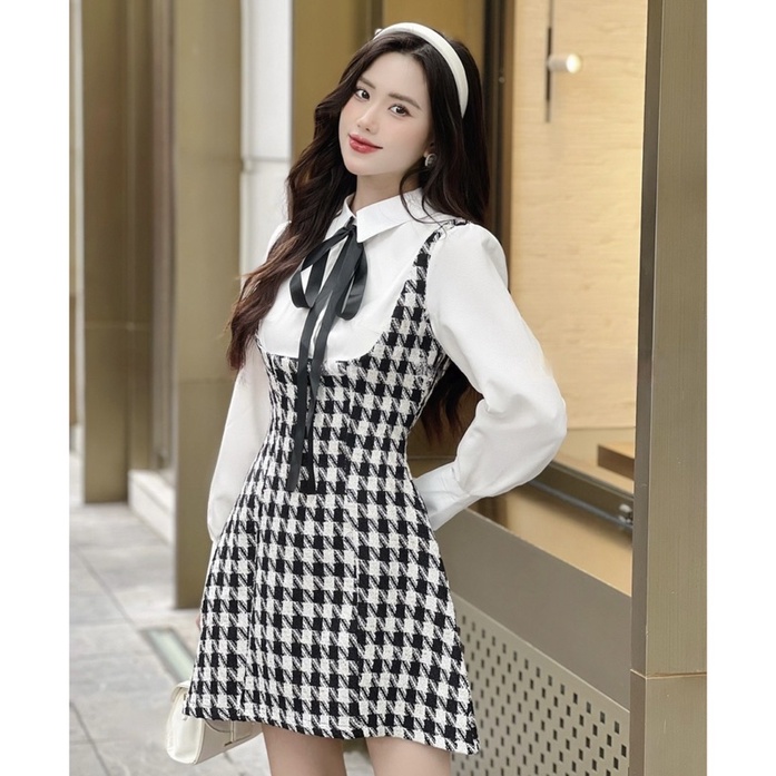 Váy Dạ Kẻ Kèm Áo Sơ Mi Trắng Dài Tay Hàn Quốc Đầm Sơ Mi Cổ Đức Dạ Kẻ Ziczac