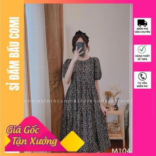 Váy bầu xinh công sở hoa vintage dáng dài hoa nhí màu hồng và đen,đầm bầu mùa hè cộc tay