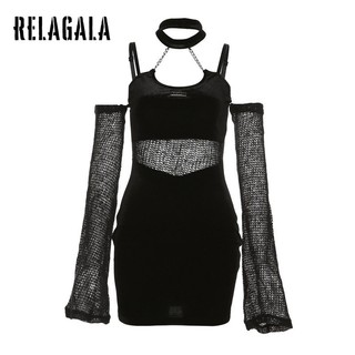 RelaGala Thời Trang Nữ Màu Trơn Cổ Dây Gợi Cảm Rỗng Ôm Dài Tay