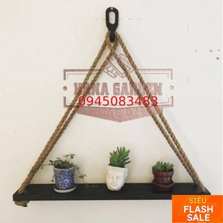 Kệ Gỗ 1 Tầng Đen Treo Tường 🌵NHỎ XINH🌵 Bằng Dây Treo Kết Hợp Vòng Kim Loại Phong Cách Retro DIY