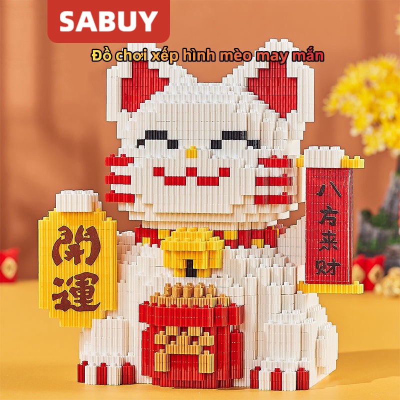 Đồ Chơi Lắp Ráp Hình Chú Mèo May Mắn Dễ Thương Trang Trí Bàn Làm Việc