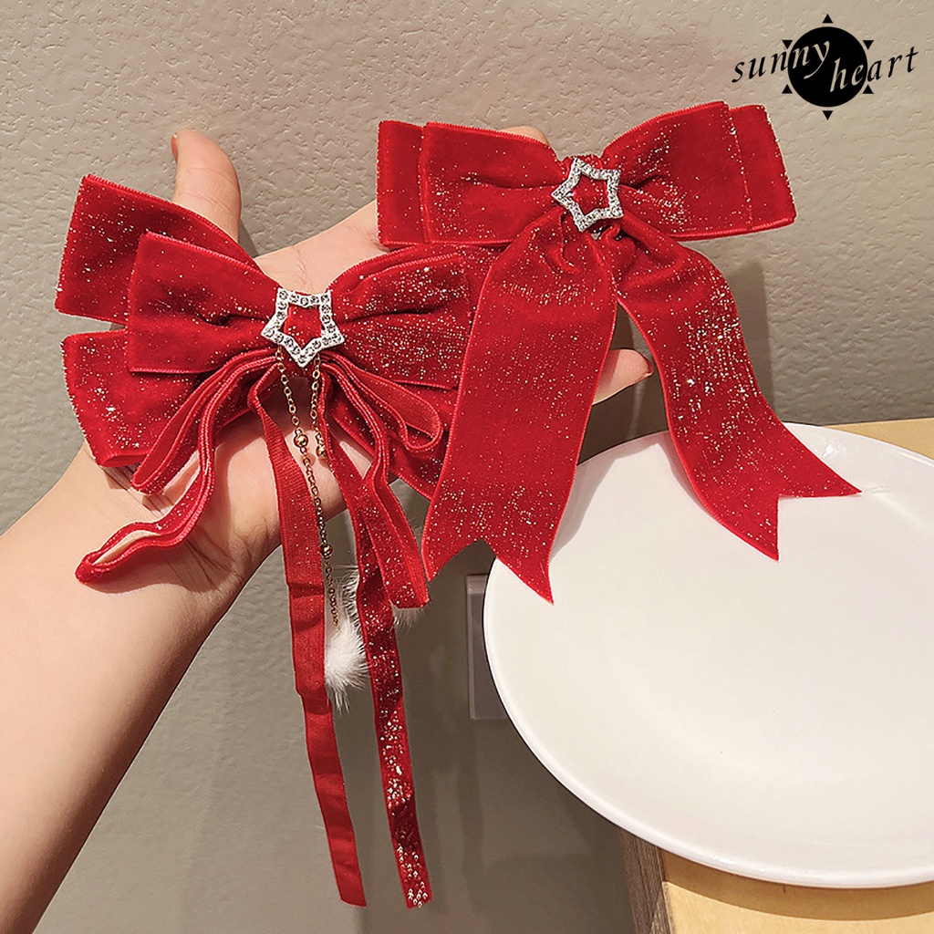 Kẹp Tóc Nơ Đính Ngọc Trai Giả Lấp Lánh Chống Trượt Trang Trí Năm Mới