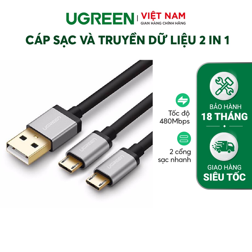 Cáp sạc và truyền dữ liệu 2 in 1 (cổng Micro USB và USB-C), dài 0.5-1.5m UGREEN US196 US197 hỗ trợ sạc nhanh
