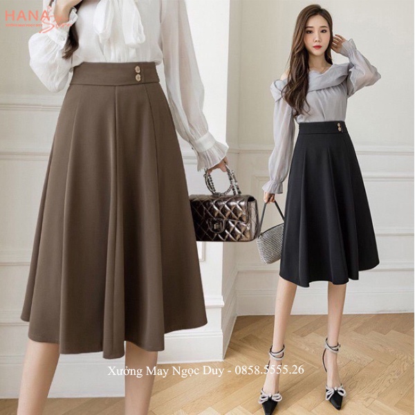 Chân váy dài xòe xếp ly qua gối dáng lửng lỡ cạp cao - Chân váy công sở dài phối cúc chữ A tiểu thư đi làm tiệc hẹn hò