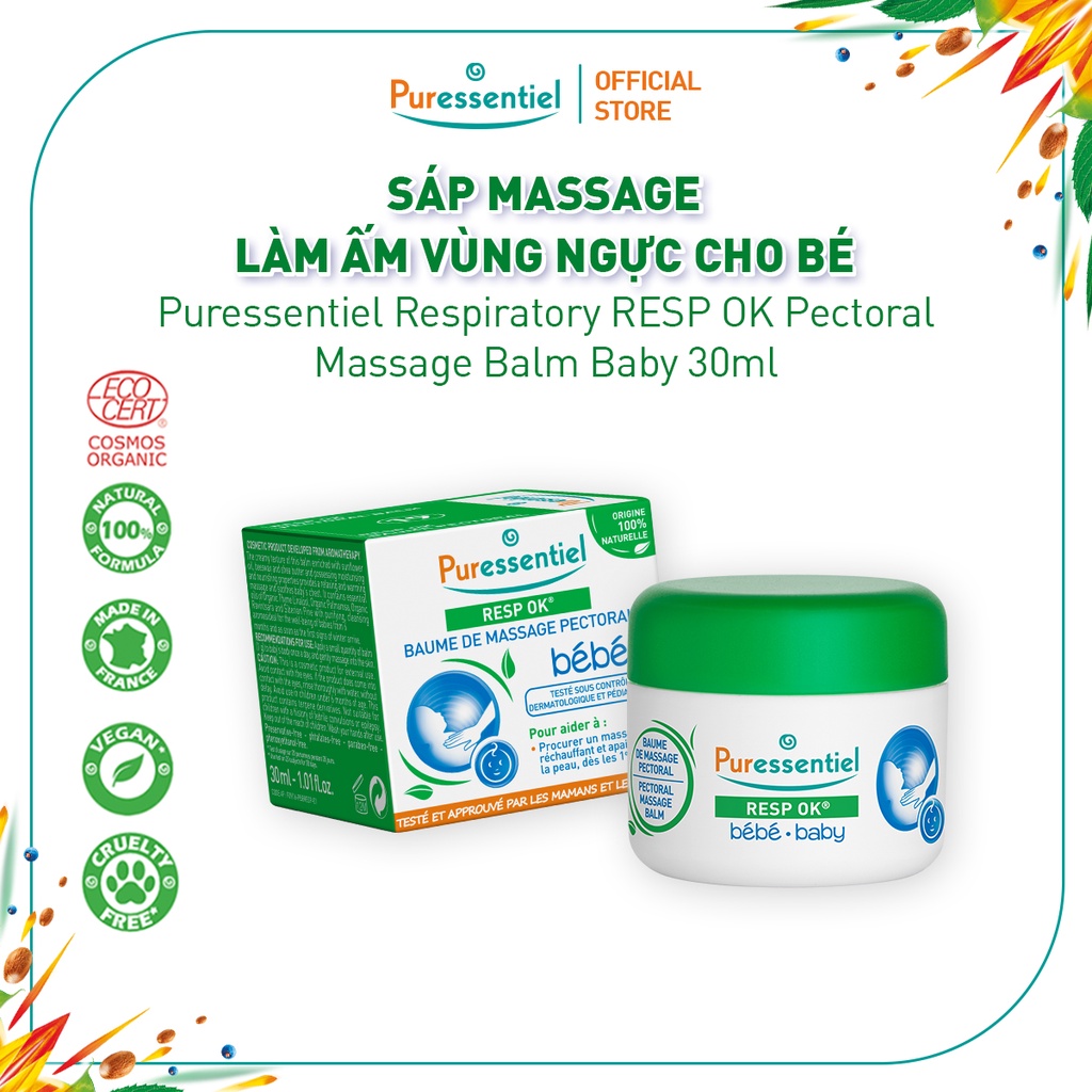 Sáp Massage làm ấm vùng ngực cho bé Puressentiel Respiratory RESP OK Pectoral Massage Balm Baby 30 ml