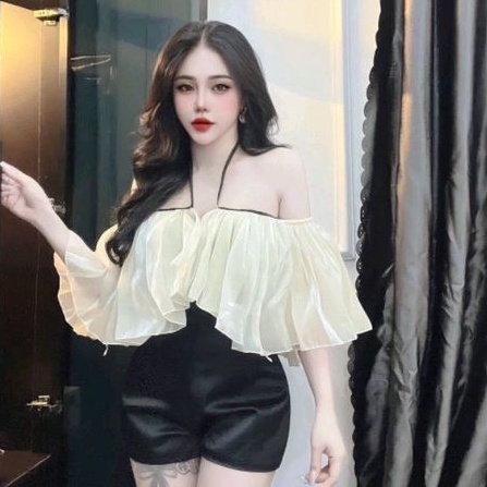 Áo bẹt vai voan kính màu trắng phối dây xinh xắn❤️