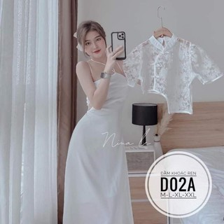 (Bigsize 50-90kg) Set đầm khoác ren trắng