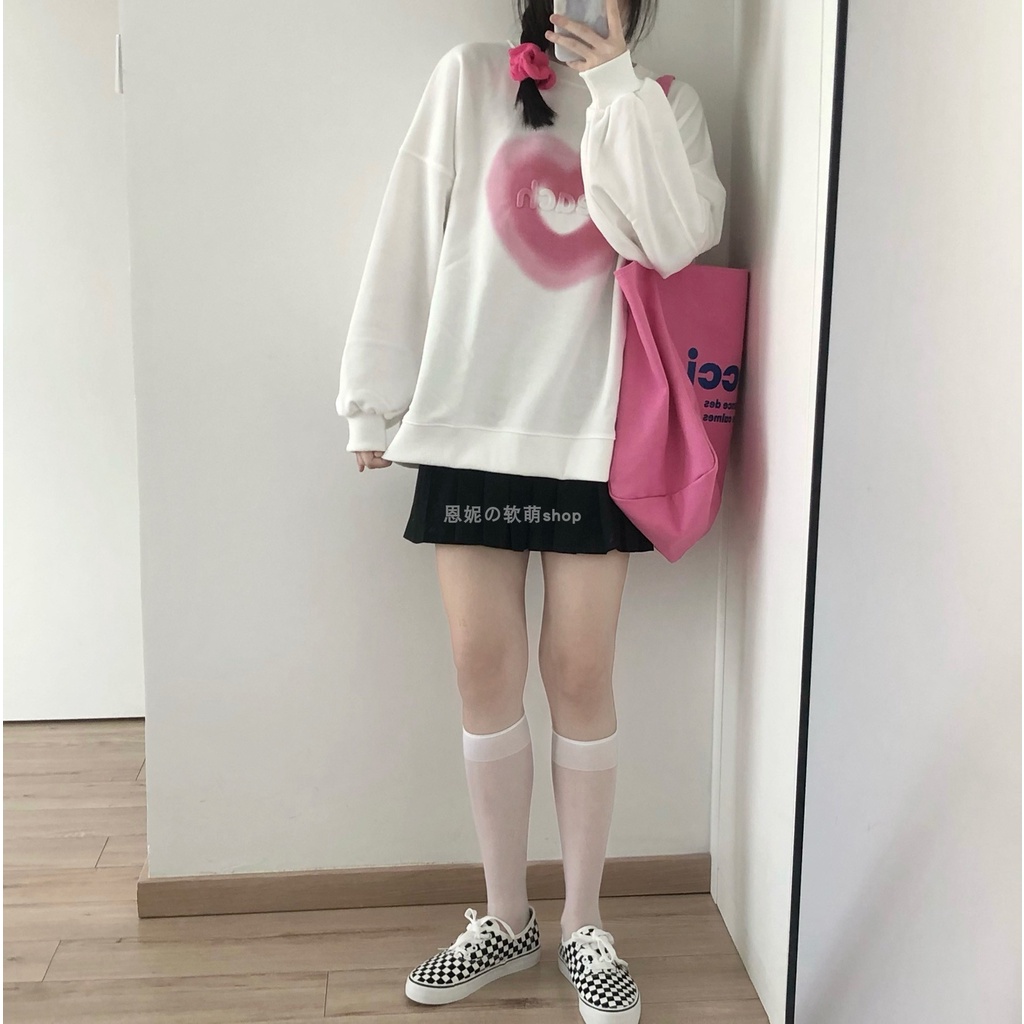 Áo Sweater Tay Dài Dáng Rộng Cổ Tròn In Hình Trái Tim Màu Hồng / Trắng Thời Trang Mùa Thu Cho Nữ