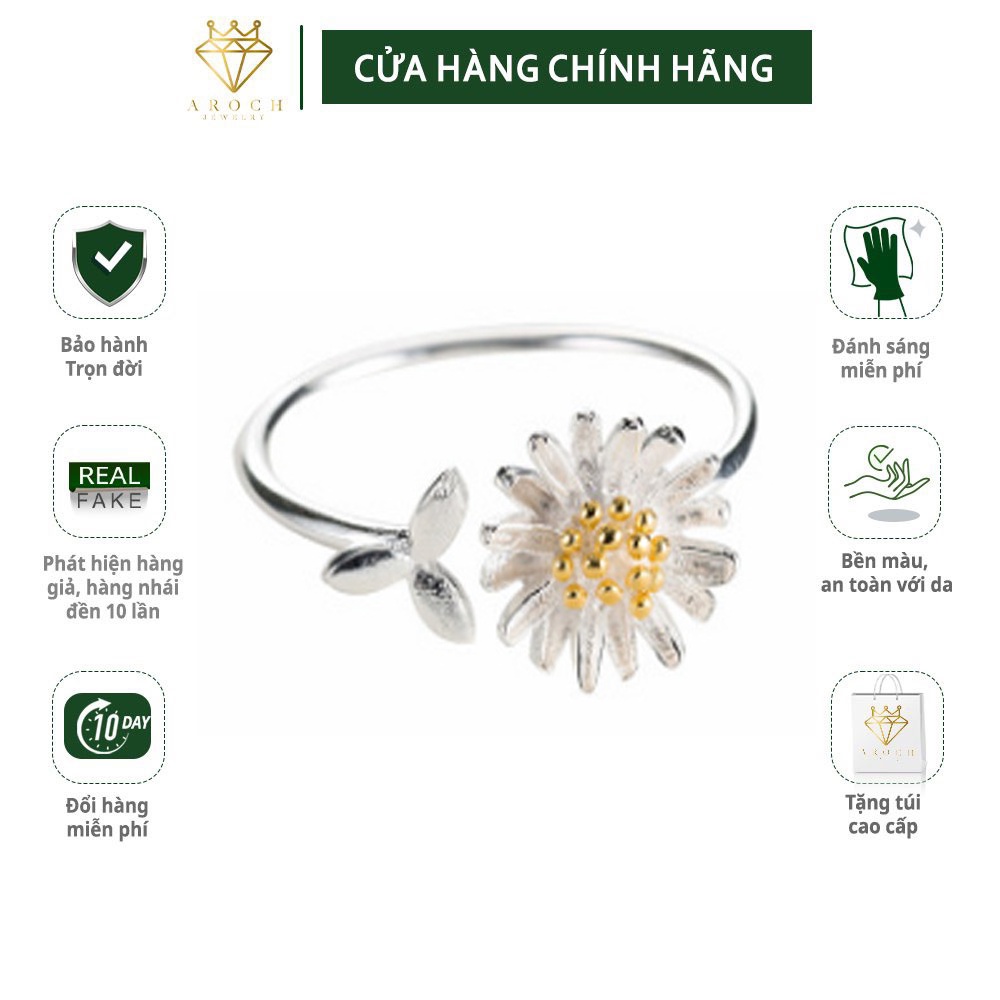Nhẫn nữ hở freesize,hợp với mọi kích cỡ ngón tay,bạc Ý s925 hoa cúc vàng J2738- AROCH Jewelry
