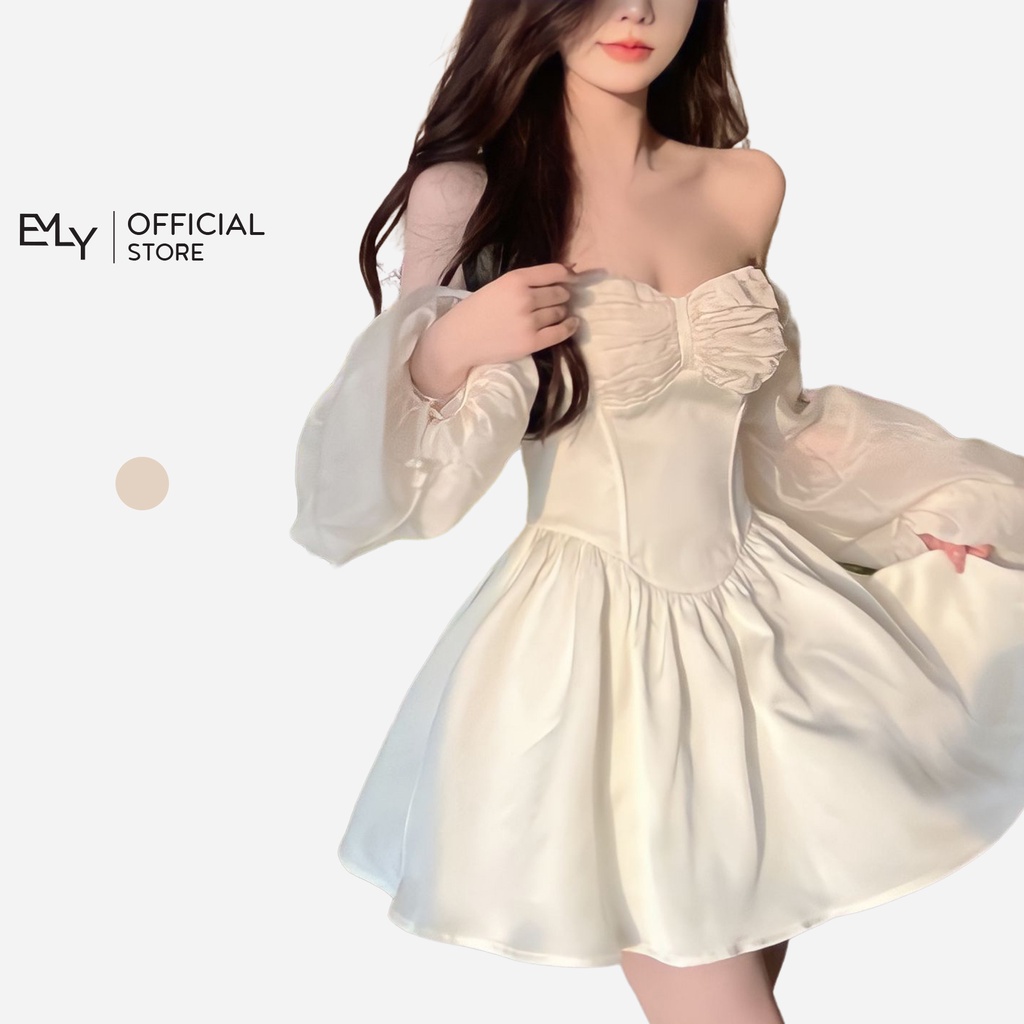 Đầm nữ dáng xòe trễ vai tay dài mini Emilyshop