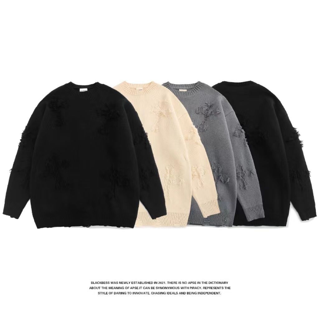 iMaodou Áo khoác sweater iMaodou cổ tròn dáng rộng thiết kế rách thời trang thu đông cho nam giới