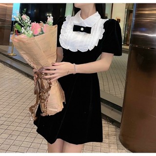 [Ảnh thật] Đầm nhung xoè tiểu thư cổ sơ mi viền bèo nơ, đầm thun sọc ôm body siêu hót capnhatxuhuong