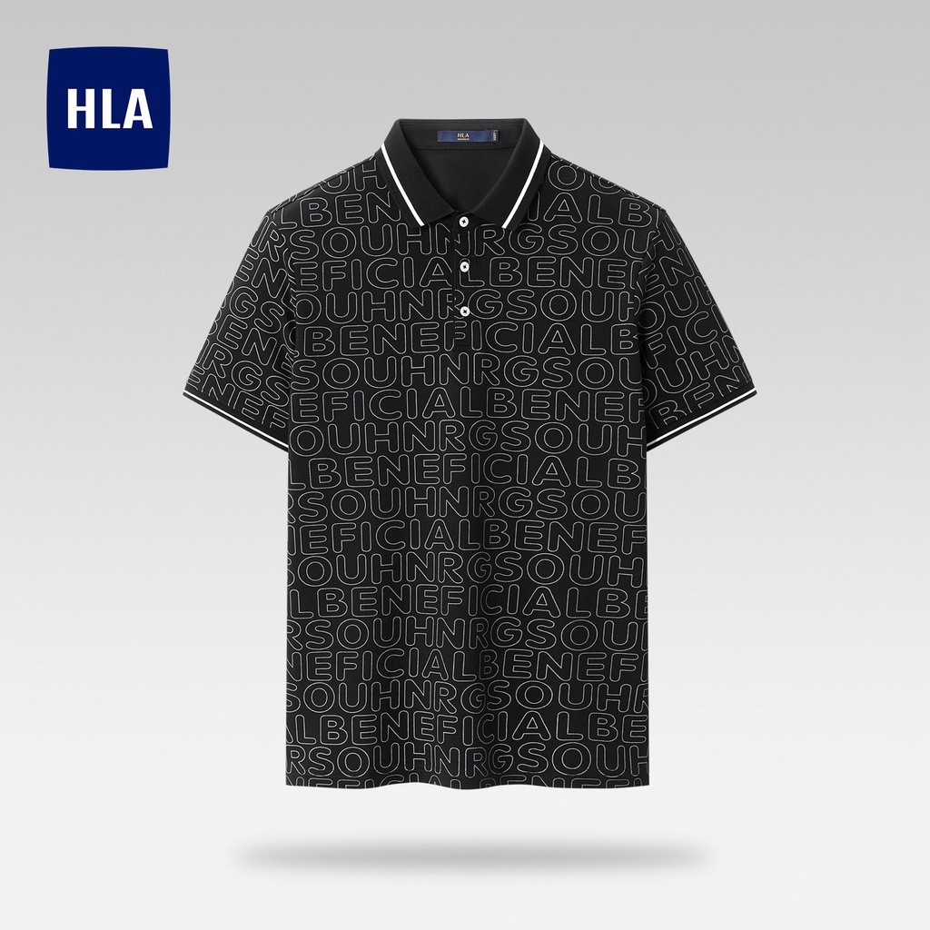 HLA - Áo thun POLO nam in chữ độc đáo Letter printing classic neckline solid black Polo Shirt