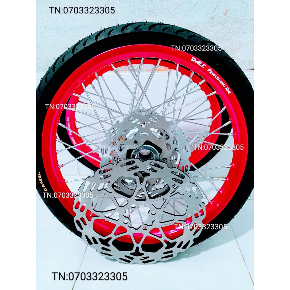 CẶP BÁNH CĂM RAIDER SATRIA NIỀN NHÔM DALE .BAN ZAI .SOLUTE. SH THÁI HỒNG  KÈM 2 ĐĨA VÀ VỎ CAMEL 50.100.60.80