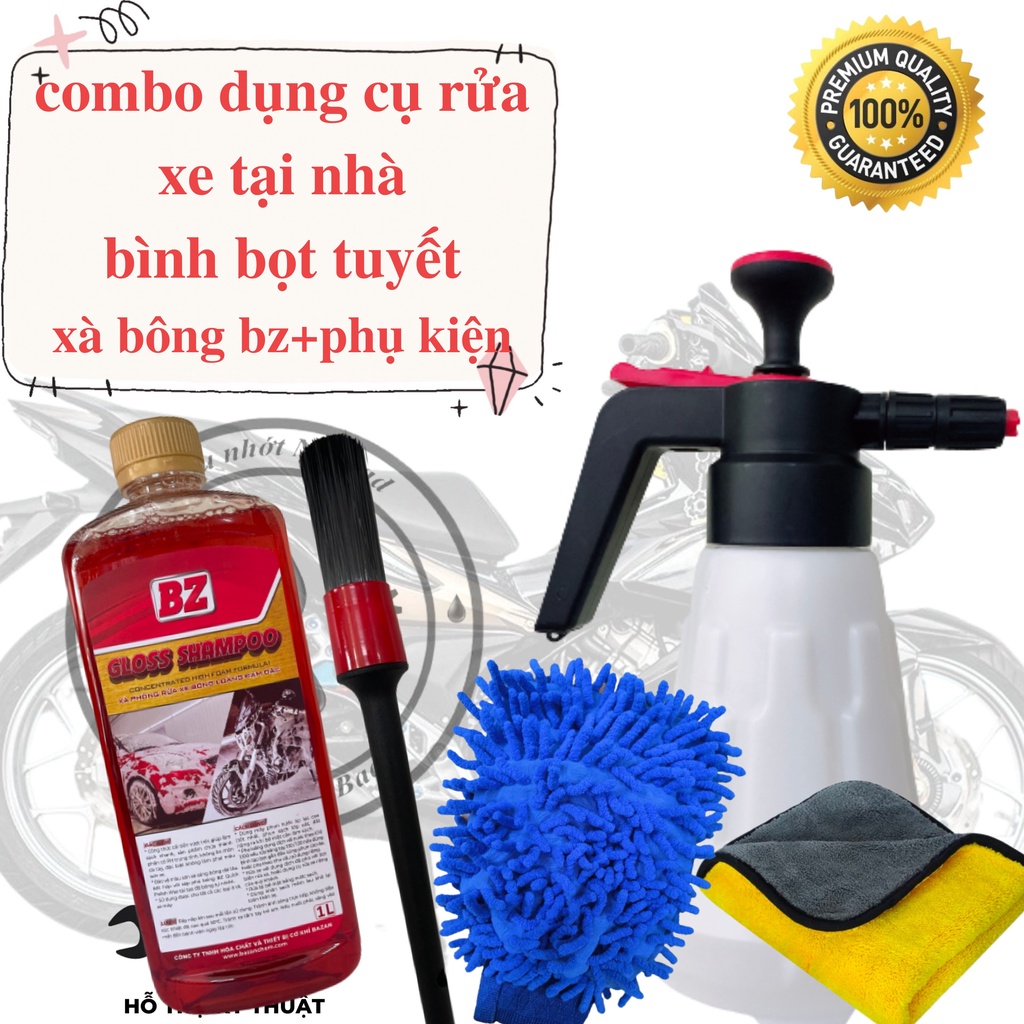 Combo nước rửa xe bọt tuyết BZ, cọ heo, khăn lau xe đa năng, bao tay rửa xe, bao tay san hô