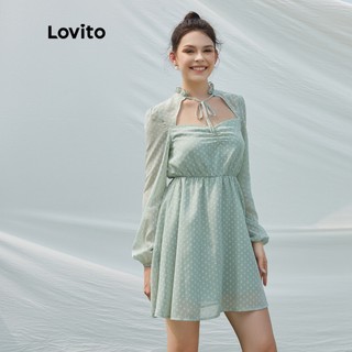 Lovito tao nhã chấm bi cắt ra hai lớp váy ren l24ee004