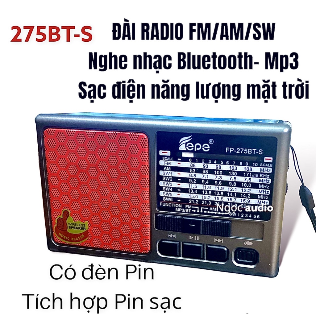 Đài Radio AM/FM/SW 275 BTS nghe nhạc Bluetooth đọc thẻ nhớ/usb Pin sạc sạc năng lượng mặt trời-ĐènPin-Cổng cắm tai nghe