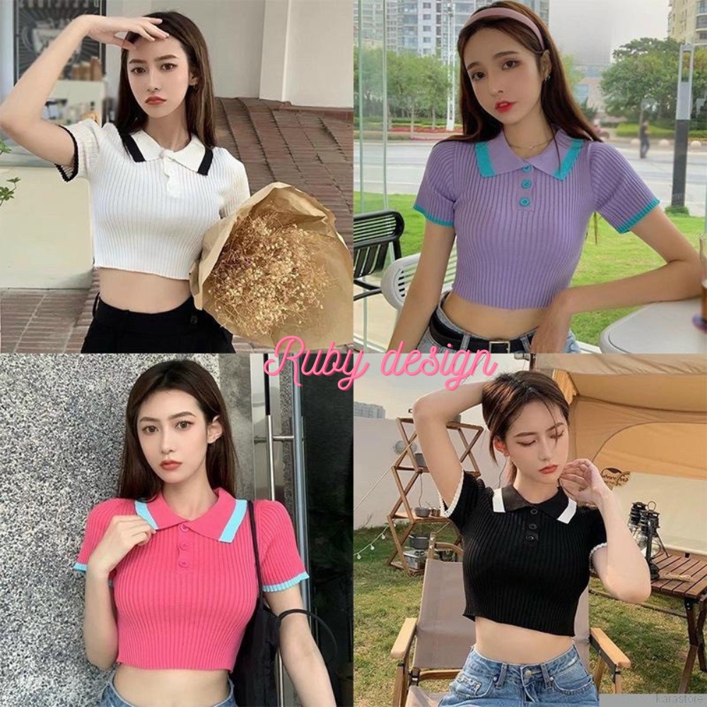 Áo len nữ , áo croptop chất len mongtoghi cổ bẻ viền màu cúc ngực hot hit - Ruby Design