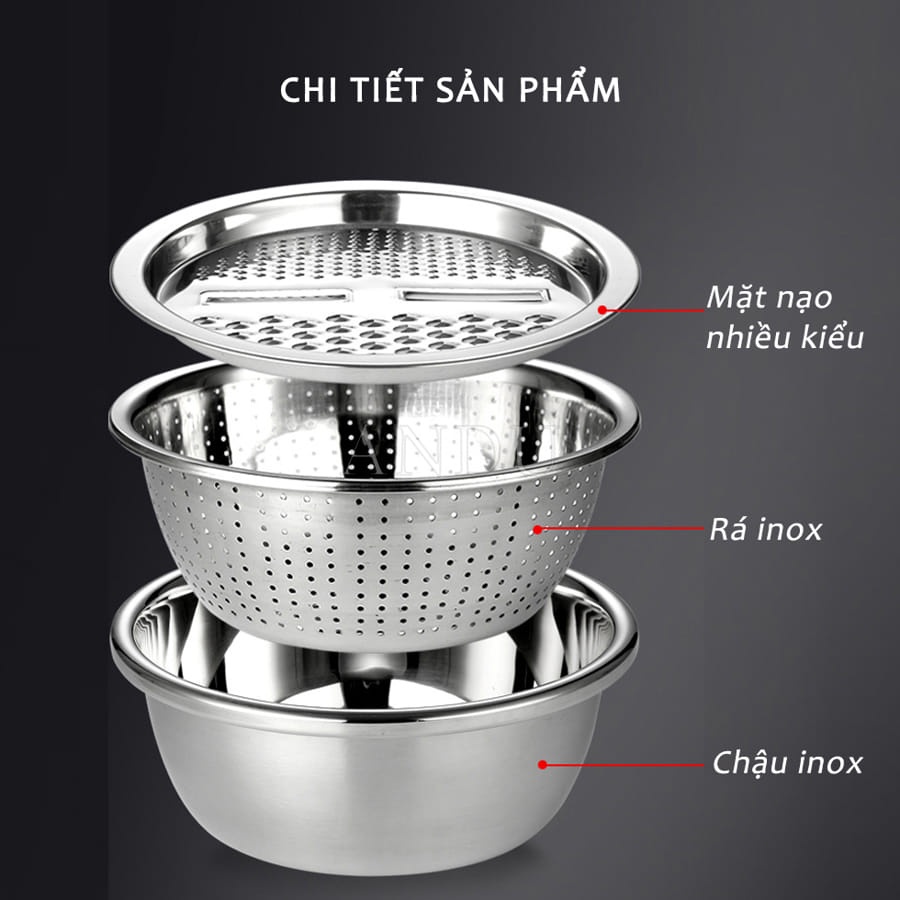 Bộ Bào Nạo Rau Củ Kiêm Rổ Và Chậu Inox Cao Cấp Đa Năng 3 Chi Tiết Siêu Tiện Dụng