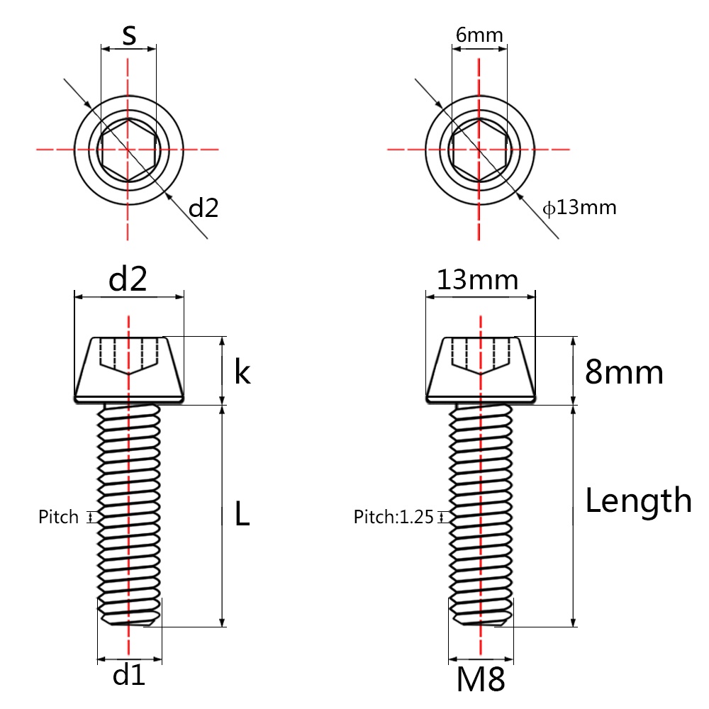 Bu Lông Titan Hình Nón Kích Thước 5 M8x15 / 20 / 25 / 30-50mm Chuyên Dụng Cho Máy Ghi Âm / Giảm Xóc Vespa / Nmax / Xmax / PCX
