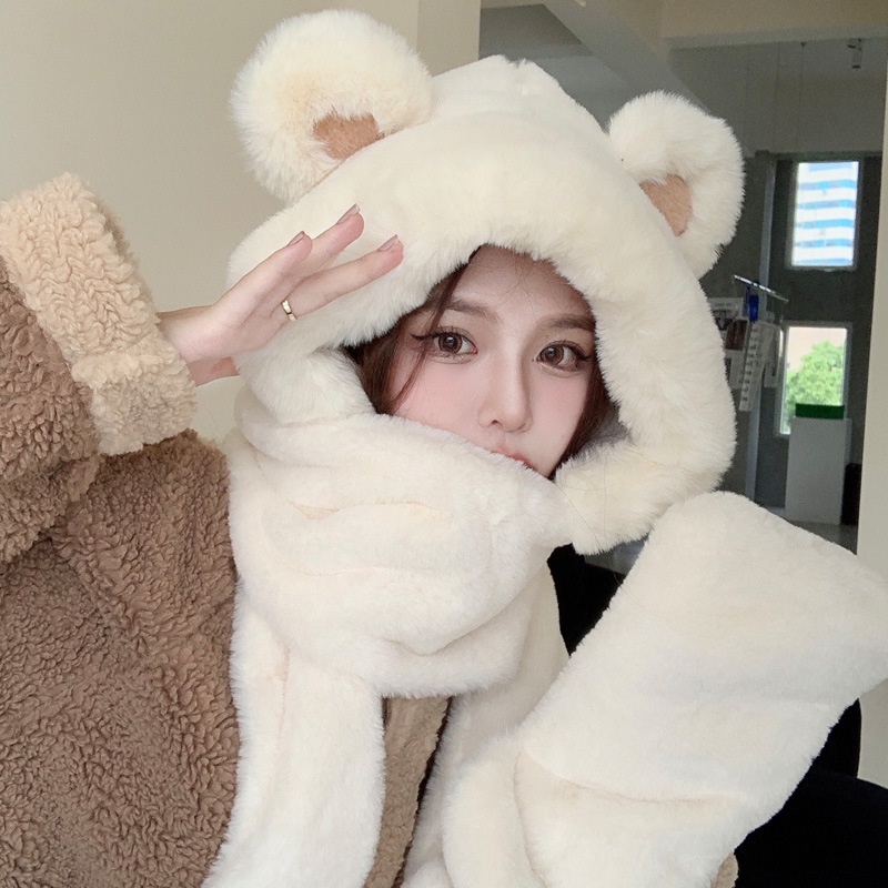 Set Mũ Lông Kèm Găng Tay Và Găng Tay Giữ Ấm Mùa Đông Hình Gấu Dễ Thương Sự Bảo Vệ khăn quàng cổ khăn mũ gấu mũ gấu mùa đông khăn gấu mũ gấu mũ kèm khăn mũ len gấu mũ khăn mũ lông tai gấu mũ chùm đầu mùa đông