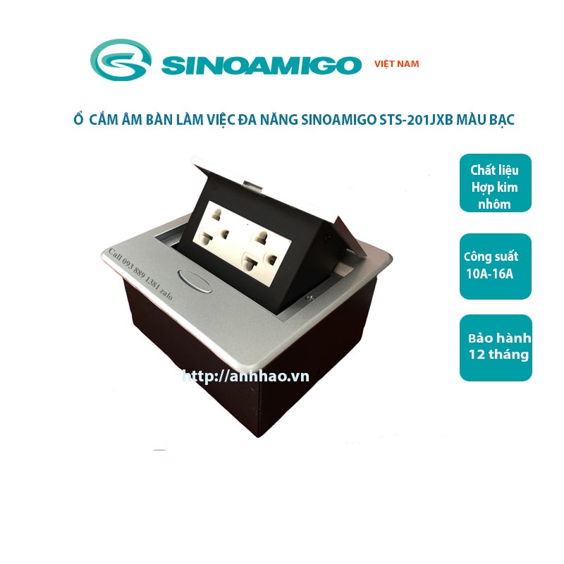 Ổ cắm điện âm bàn Sinoamigo STS-201JXB hợp kim màu bạc, lắp âm bàn cho văn phòng, phòng họp