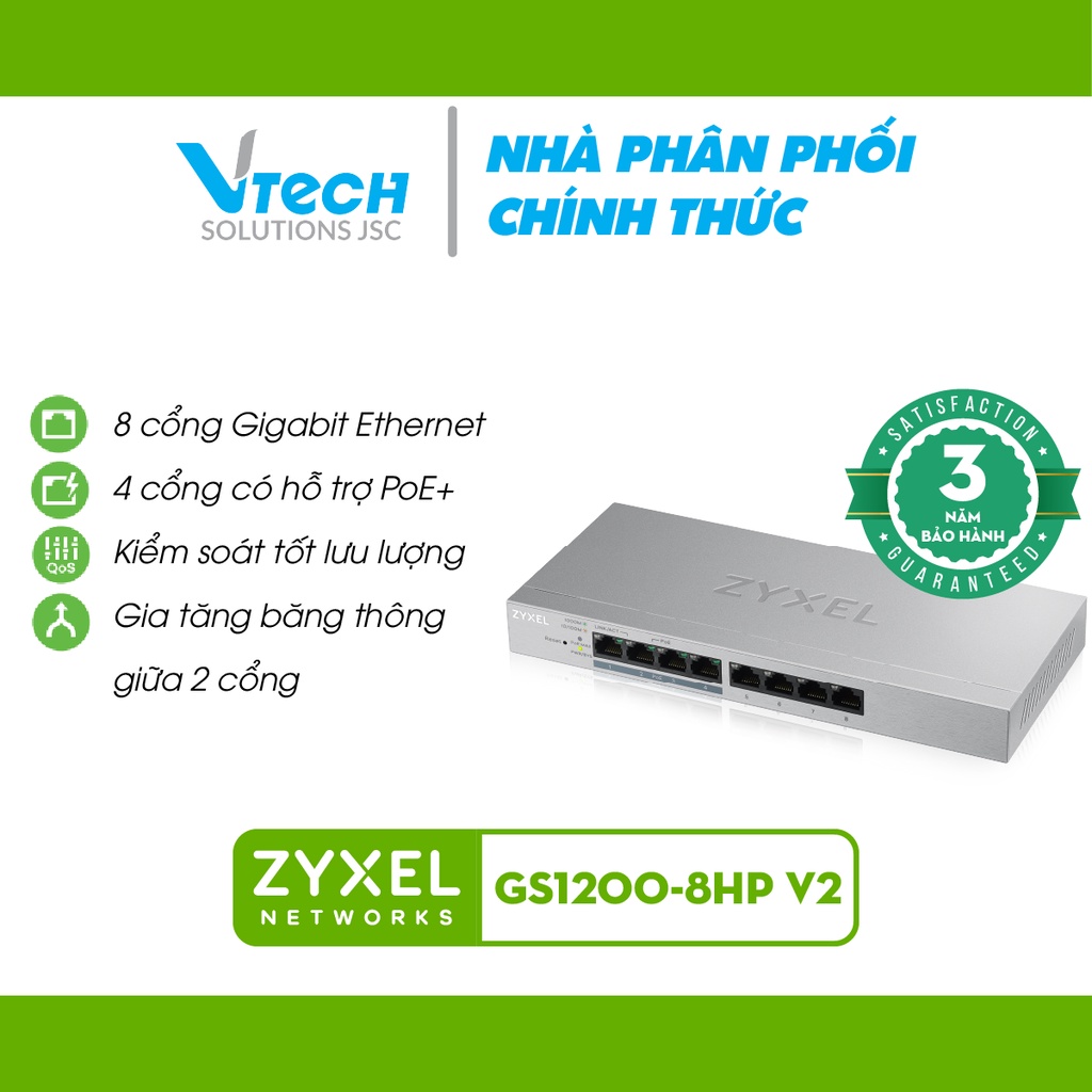 Bộ Chia Mạng 8 cổng Zyxel GS1200-8HP v2 Webmanaged Switch, 4x PoE, 60 Watt VTech - Hàng chính hãng