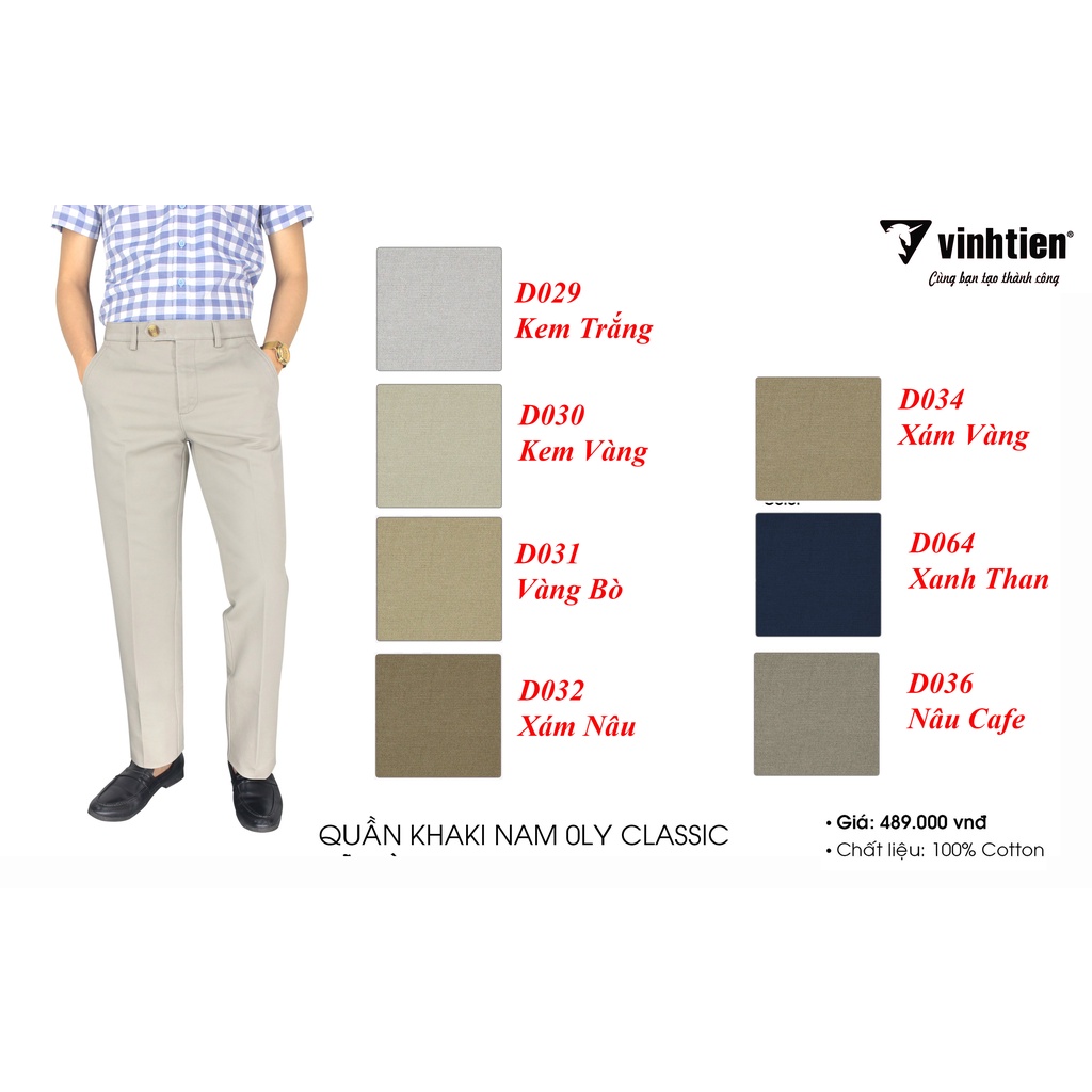 Quần Kaki 100% Cotton 0 Ly Trung Niên Vĩnh Tiến Cao Cấp Trơn Màu QKK489