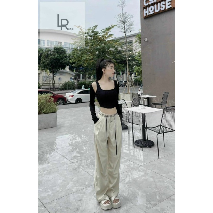 quần ống rộng nữ lưng cao cạp kẻ đen trắng nổi bật khóa trước chất vải NHUNG TĂM SIN SÒ