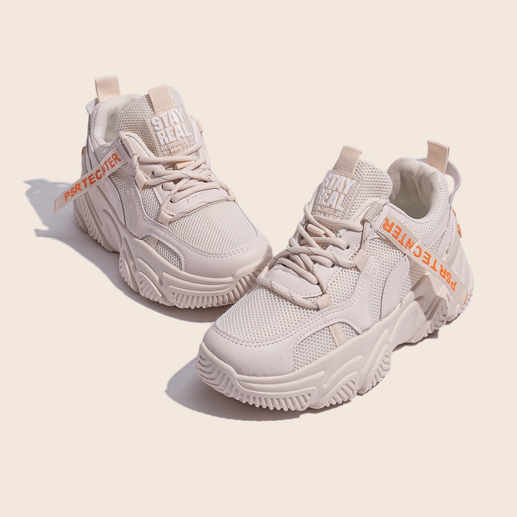 Giày Thể Thao Nữ Độn Đế Giày BOM Sneaker Tăng Chiều Cao Màu Trắng Kem Mới Nhất giayBOM GB Warriors B1295