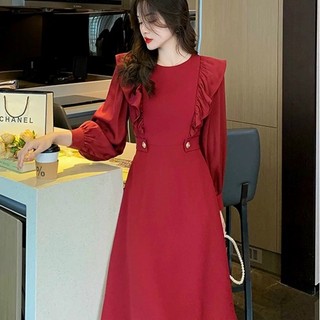 Đầm váy nữ dự tiệc đám cưới dài tay màu đỏ dịp lễ tết sang trọng