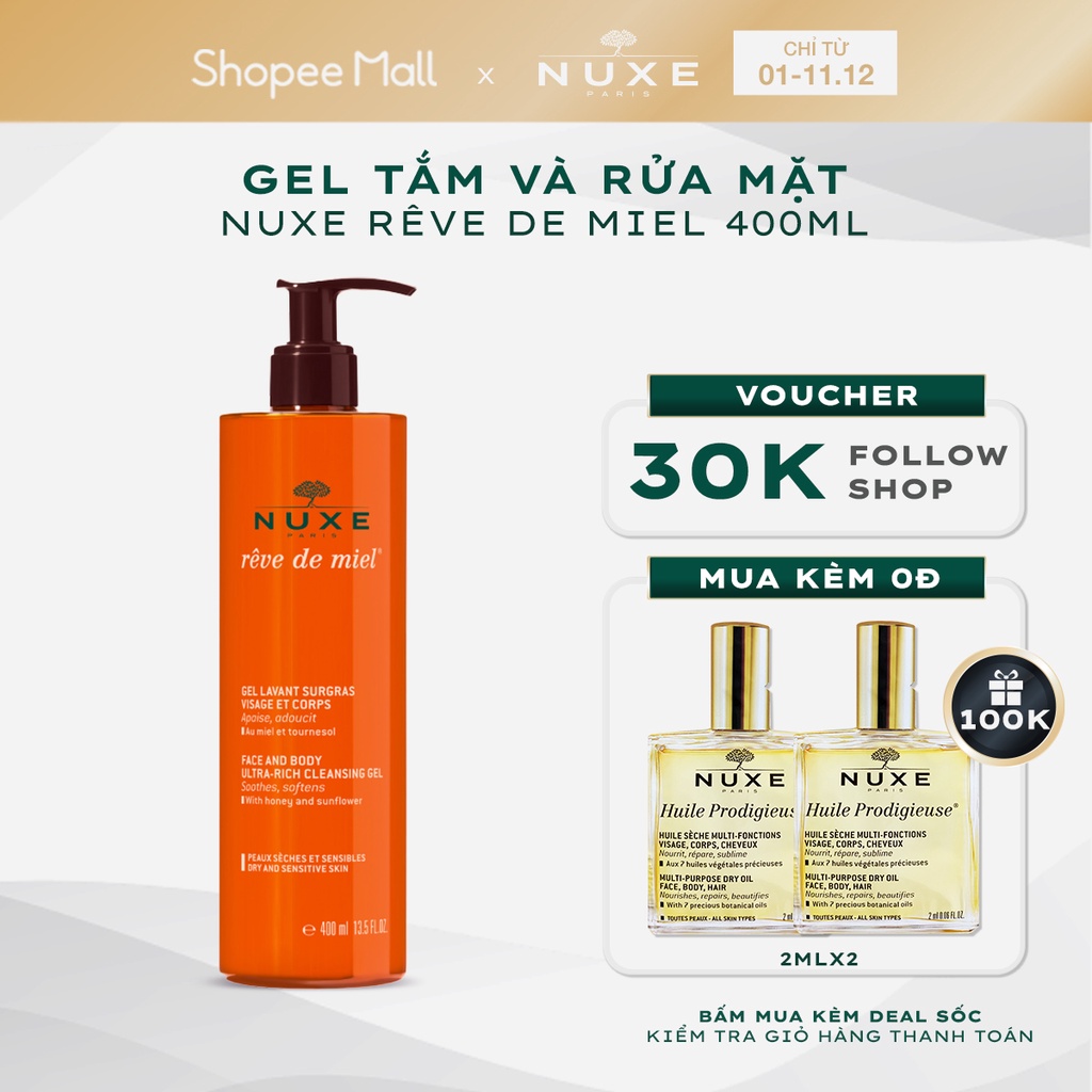 Gel rửa mặt và tắm toàn thân Nuxe Rêve de Miel® 400ml