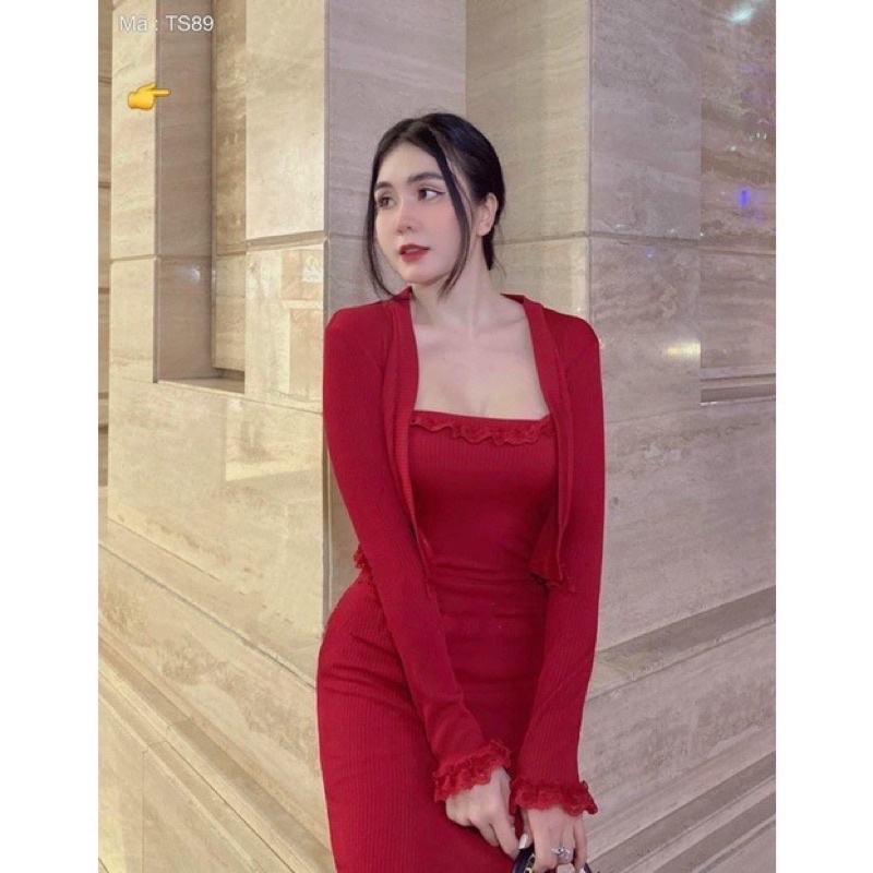 👗SÉT ĐẦM BODY 2DÂY KÈM KHOÁC NGOÀI PHỐI REN SIÊU HÓT SIZE:SSIZE:MTuỳ chiều cao
