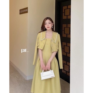 Sét dạ tweed màu pastel váy hai dây xếp ly sang chảnh