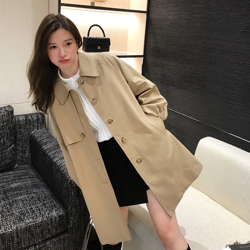 (sẵn Xs,M,L)Áo Khoác Trench Coat Dáng Ngắn Tay Bo Nâu Be Cho Nữ