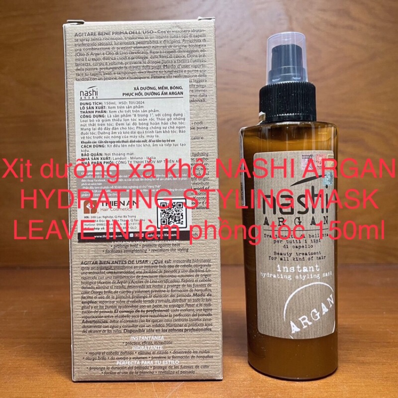 Xịt dưỡng xả khô NASHI ARGAN HYDRATING STYLING MASK LEAVE IN làm phồng tóc 150ml
