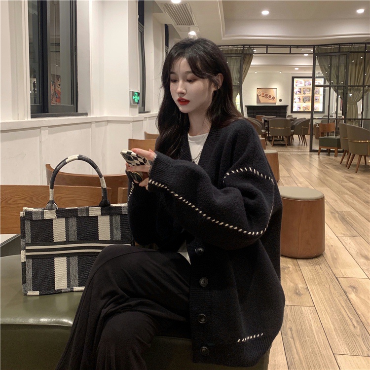 Áo khoác cadigan dáng rộng màu kem, Áo len khoác cardigan nữ ulzzang,  dài tay form rộng H-7 CS