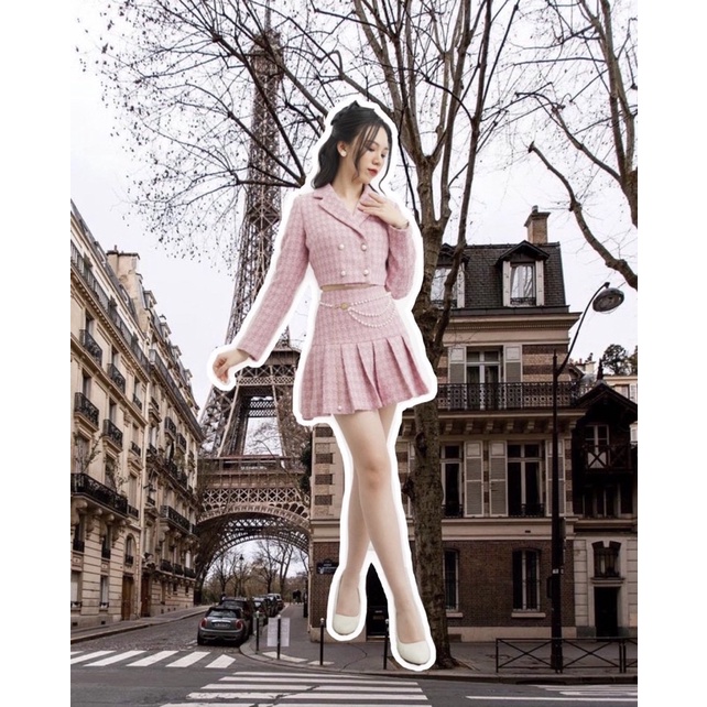 Set vest chân váy tweed hồng Charmante Studio