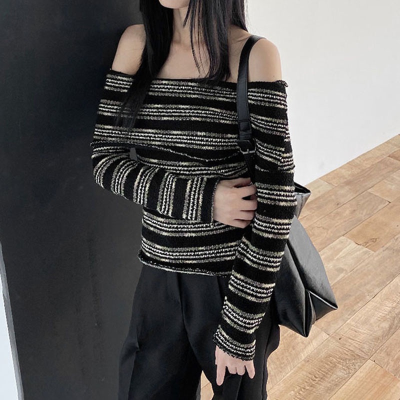 MsMona Áo Thun Dệt Kim Tay Dài Dáng Ôm Hở Vai Phối Màu Tương Phản Thời Trang 2022 Cho Nữ