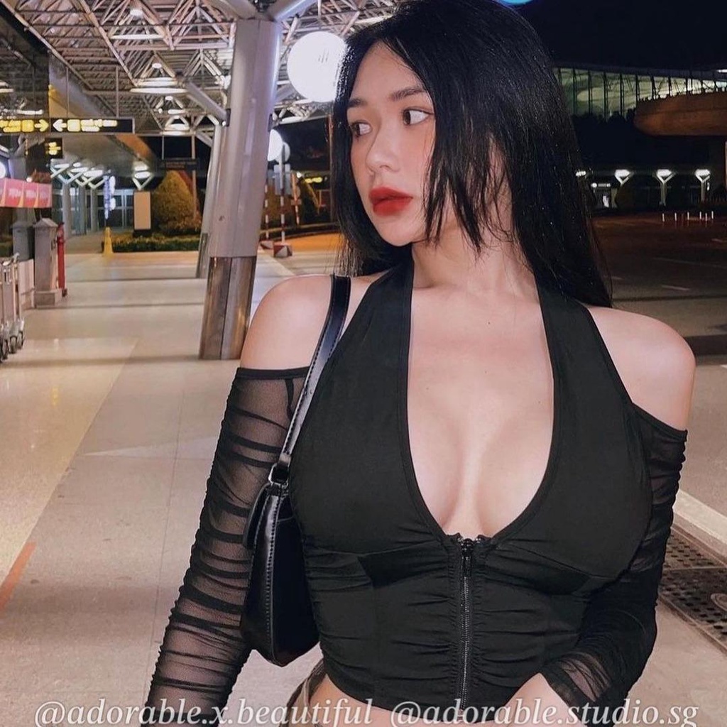 Áo Thun Tay Dài Phối Lưới Dây Kéo Cổ Tròng Đen Trơn Phong Cách Sexy Quyến Rũ